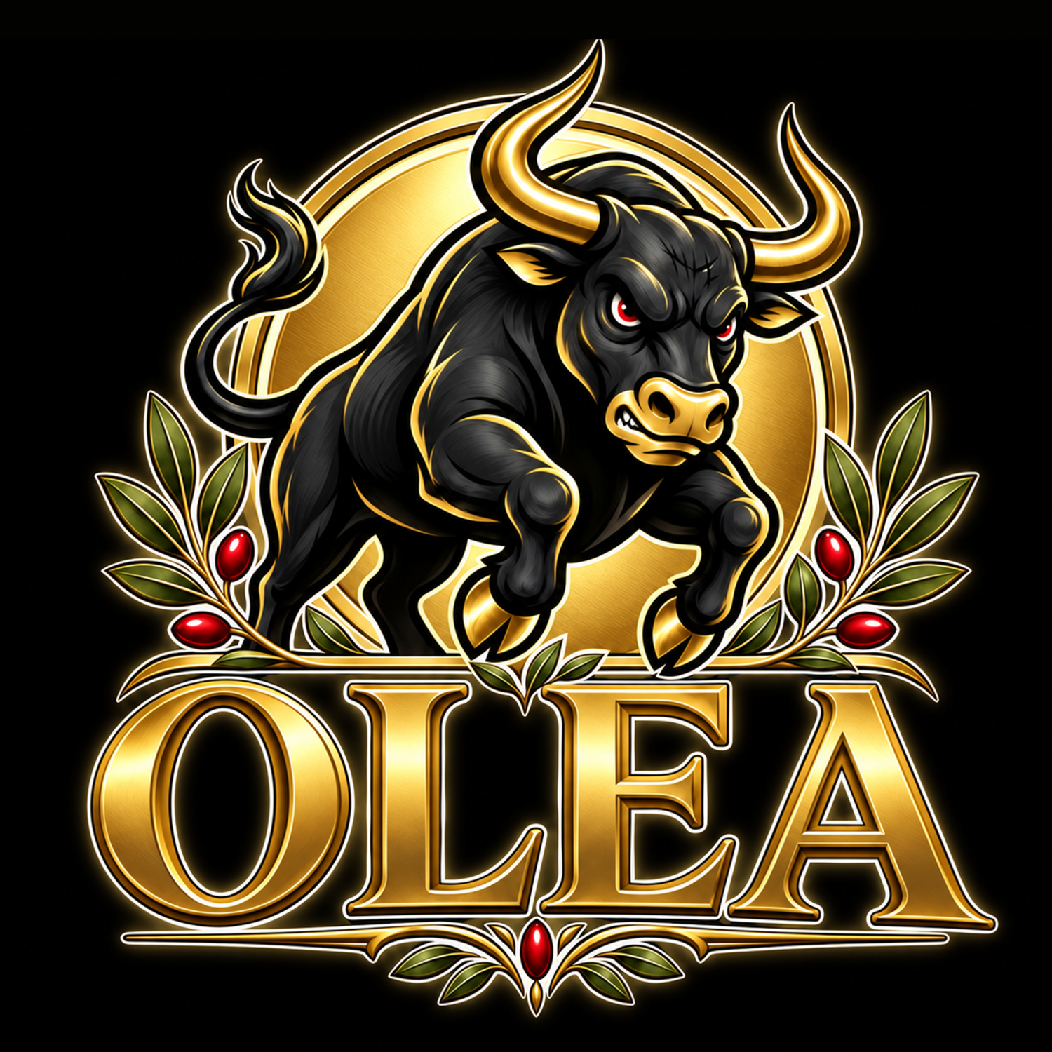 Olea family emblem: a black bull with gold horns, a golden medallion, olive branches and ruby accents.